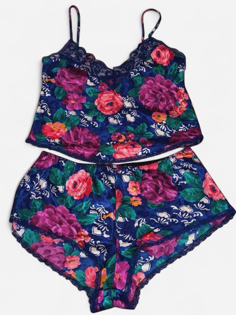 DELICATES Vintage Multicolor Jeweltoned Floral 2 Piece Lingerie Set Size Small